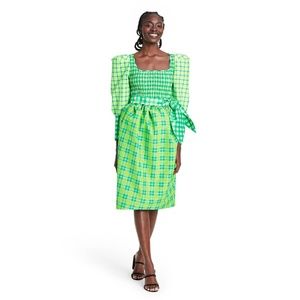 Plaid Long Sleeve Smocked Tie Waist Dress